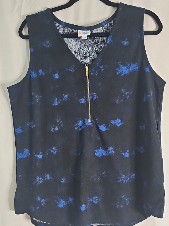 LuLaRoe Tops - LuLaRoe Black Sleeveless V-Neck Top with Blue Print & Gold Zip